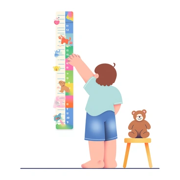 A child with brown hair is standing barefoot next to a colorful growth chart attached to a white wall. The growth chart features cartoon animals and vibrant colors, marking various height increments. The child is wearing a light blue t-shirt and denim shorts, and they have their back against the chart. Their right hand is raised, and they are carefully aligning it with the next height marker. A small wooden stool is placed nearby, and a cheerful teddy bear is sitting on it, watching the measurement process. The room has soft pastel colors, creating a warm atmosphere.