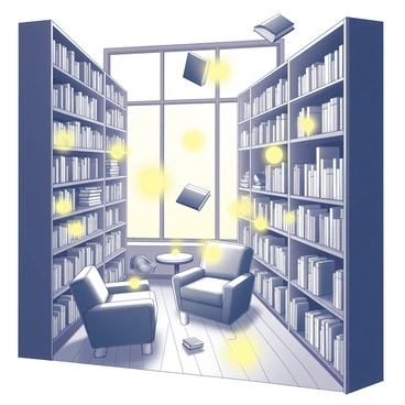 A library interior with towering bookshelves filled with books. The books are floating in mid-air, arranged in a whimsical manner. Scattered throughout the space are orbs that emit a warm golden light, illuminating the surroundings. The floor is made of polished wood, and there are comfortable reading areas with large, plush chairs and small tables. A large window allows soft light to filter in, enhancing the cozy atmosphere. The overall scene conveys a sense of wonder and magic within the tranquil setting of the library.