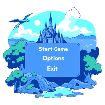 A blue video game main menu features various options such as "Start Game," "Options," and "Exit," displayed prominently in the center. Each option is written in a bold, white font. Behind the menu, there is a fantasy background that includes a majestic castle with tall spires, surrounded by lush green hills and a sparkling river. The sky is filled with fluffy white clouds, and a bright sun casts a warm glow on the scene. In the foreground, there are magical creatures, like a teal dragon flying above the castle and mythical trees with vibrant foliage.