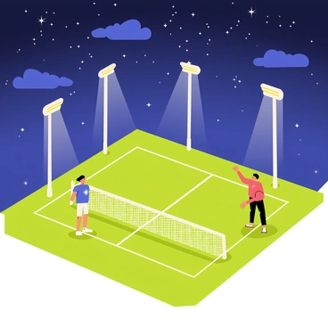 A tennis court featuring a net in the center, surrounded by green grass. The court is illuminated by four tall floodlights casting bright light over the scene. Two players, one wearing a blue shirt and the other in a red shirt, are in action, with one player serving the ball. The sky above is filled with twinkling stars, creating a beautiful contrast against the bright lights of the court. A few clouds are scattered across the night sky, adding depth to the scene.