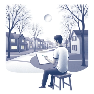 An artist is seated on a wooden stool, sketching a scene that depicts a moonlit path. The path winds through a quiet suburban neighborhood, lined with several houses featuring symmetry in their designs. Each house has windows that reflect the soft glow of the moonlight. Tall trees on either side of the path cast intricate shadows on the ground. The artist, with a pencil in hand, focuses intently on capturing the details of the serene environment. A gentle breeze rustles the leaves, adding subtle movement to the tranquil scene.