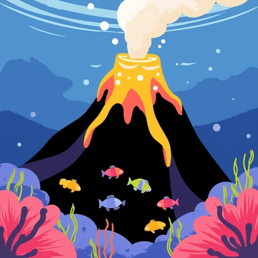 An underwater volcano erupting with bright orange and red lava flowing from its crater. The glowing lava creates a contrast against the dark blue and black ocean depths surrounding the volcano. Bubbles and steam rise from the eruption, creating small splashes of white. Schools of colorful fish swim nearby, illuminated by the light of the lava. Coral formations are visible in the foreground, adding texture and color to the underwater scene.