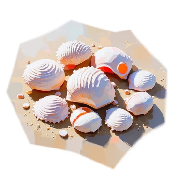A collection of various seashells arranged in a harmonious spiral pattern on a sandy surface. The seashells include different shapes and colors, such as spiral conch shells, flat scallop shells, and long, slender turritella shells. The arrangement creates a visual flow, leading the eye from the outermost shells to the center of the spiral. Sunlight gently illuminates the shells, casting soft shadows on the sand. Small grains of sand are visible in the background, enhancing the coastal theme.