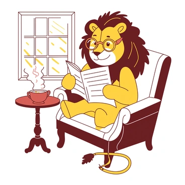 A yellow lion with a human-like face is sitting comfortably in a plush armchair. The lion is wearing round spectacles perched on its nose, giving it a thoughtful appearance. In its paws, the lion is holding an unfolded white newspaper, focused on the text. The chair has intricate designs, and a small table beside it holds a steaming cup of tea. Soft sunlight streams in through a nearby window, illuminating the scene.