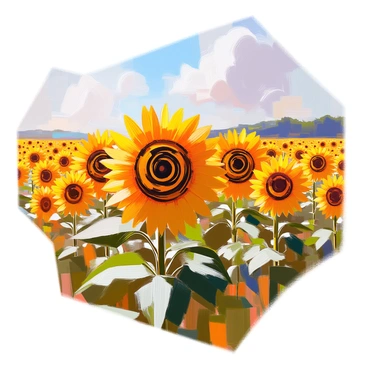 A vast field of sunflowers stretching towards the horizon, each sunflower featuring intricate geometric designs inspired by classic artwork. The sunflowers are tall and vibrant, their golden petals contrasting against their dark centers adorned with swirling patterns. The geometric designs encompass both bright and muted colors, creating a dynamic visual effect. The field is bathed in warm sunlight, with a gentle breeze causing the sunflowers to sway slightly, enhancing the lively scene.