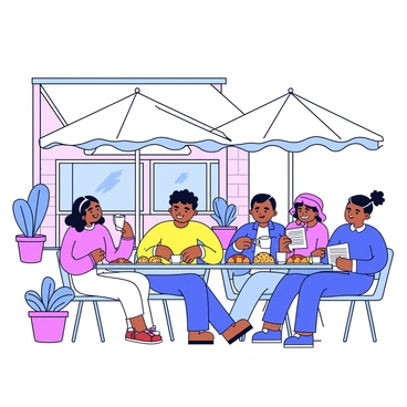 A cozy café scene with outdoor tables arranged under large, shaded umbrellas. Various people are seated, including a woman with curly hair sipping coffee from a white cup, a man with glasses reading a newspaper, and a group of friends laughing around a table filled with assorted pastries. The pastries include croissants, muffins, and tarts displayed on a small plate. There are potted plants enhancing the atmosphere, and the café's brick facade is visible in the background.