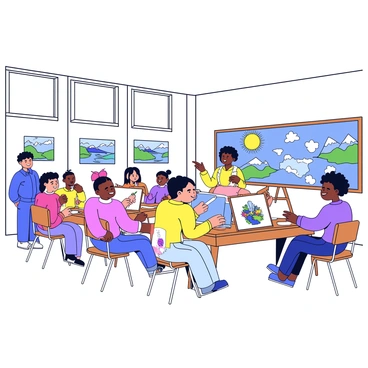 A classroom with bright white walls filled with large windows letting in natural light. In the center, there are several art easels, each holding a blank canvas. Enthusiastic art students of diverse backgrounds are seated at wooden tables, focused on sketching landscape scenes. Some students are using pencils, while others use charcoal or watercolors. On the walls, there are colorful landscape art pieces displayed, showcasing mountains, rivers, and forests. The students are engaged in conversation, sharing tips and ideas about their artwork. One student is standing at the front of the room, pointing to a large map of New Zealand landscapes displayed on a bulletin board.