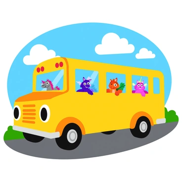 A bright yellow school bus with cartoonish features is parked on a sunny street. The bus has large, friendly eyes on its windshield, giving it a playful expression. Colorful magical creatures, such as a small dragon with sparkling scales, a fluffy unicorn with a shimmering mane, and a cheeky fairy with iridescent wings, are peeking out from the bus windows. Each creature has a distinct and vibrant color palette, adding to the whimsical atmosphere. The background features a clear blue sky and a few fluffy white clouds.