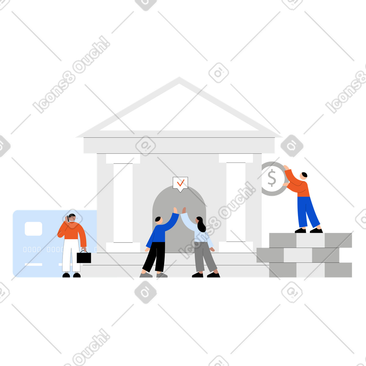 Tiny スタイルの 銀行の建物の近くの若者たち のイラストをPNG、SVG形式でダウンロード