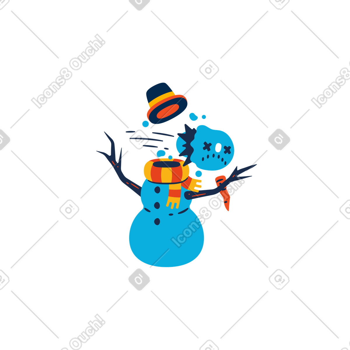 Flame スタイルの Broken snowman with falling head, Funny error or mistake concept のイラストをPNG、SVG形式でダウンロード