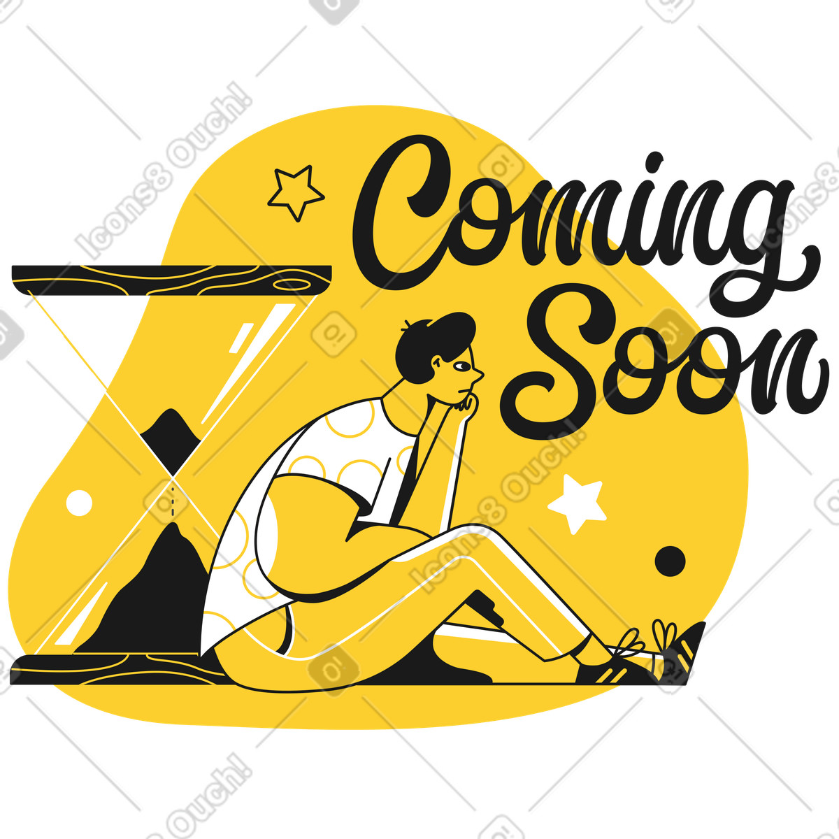 下载 Taxi 风格的 Waiting next to hourglass with coming soon text, Launch announcement 插画，支持 PNG、SVG 格式