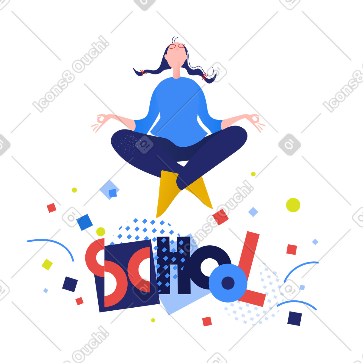 Illustration Femme méditant au-dessus du manuel scolaire aux formats PNG et SVG