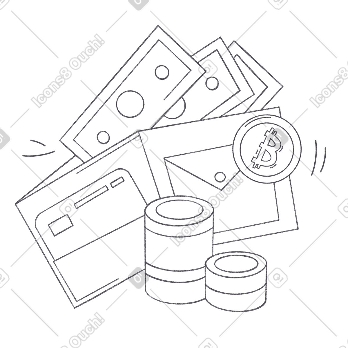 Illustration Billets de banque et une carte crédit se trouvant dans un portefeuille marron le style Bonbon Line à télécharger aux formats PNG, SVG
