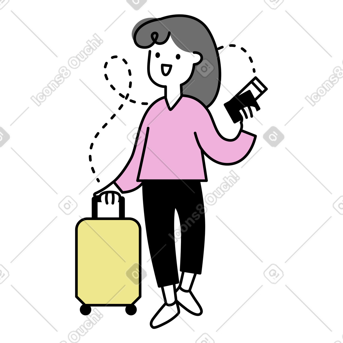 Traveler with suitcase and boarding pass, airport check-in or trip preparation illustrazione animata in stile Mochi scaricabile in GIF, Lottie (JSON), AE