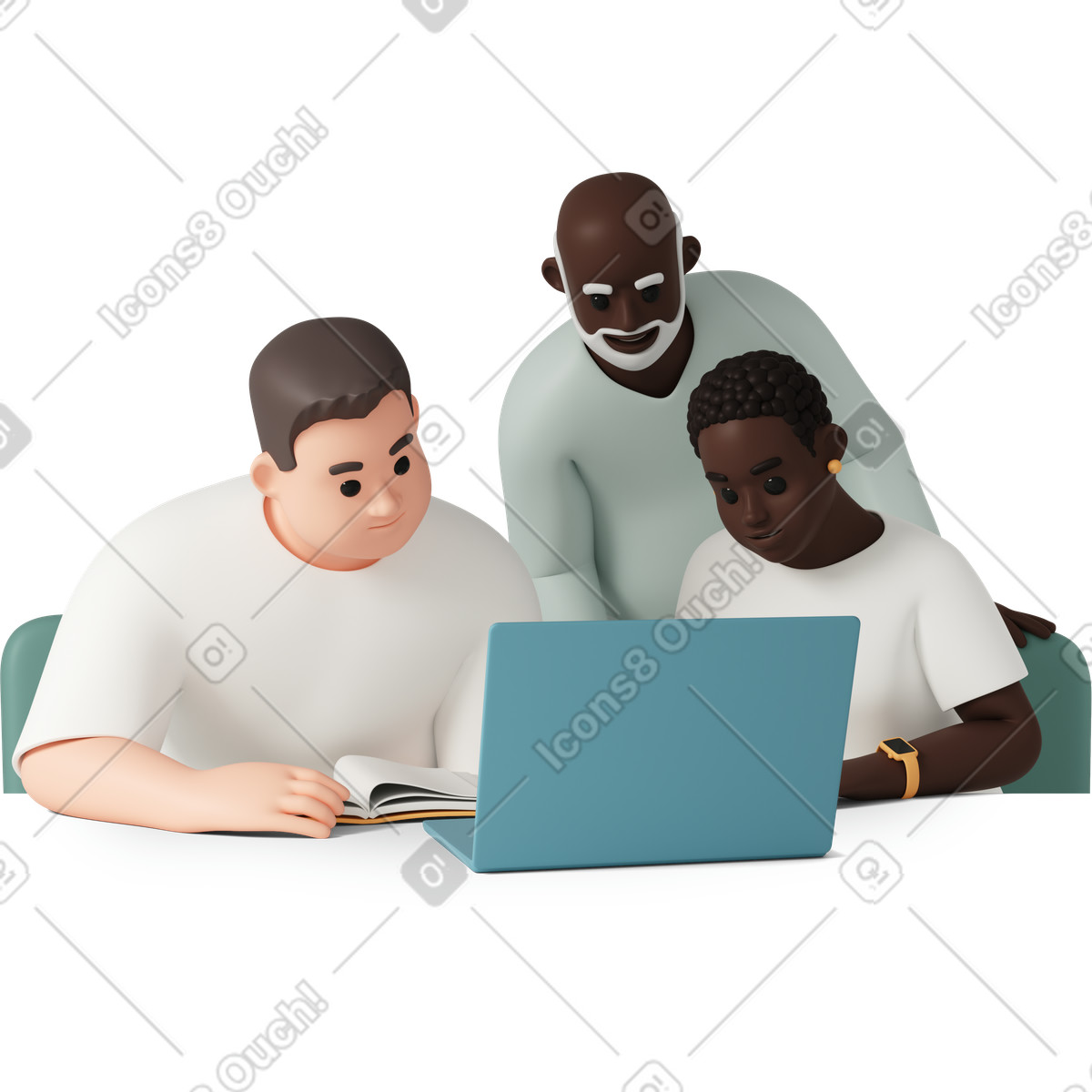 Professor and students working laptop together-Illustration im 3D Casual life-Stil als Download in PNG, SVG