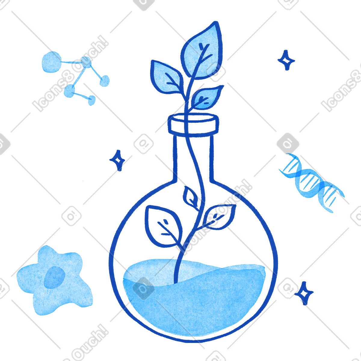 Illustration Plant growing in laboratory flask with water and dna helix dans le style Tint à télécharger aux formats PNG, SVG