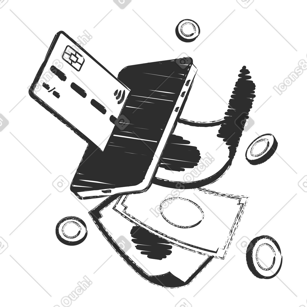 Digital wallet on phone with money, Mobile banking and transactions illustration in Graphite style download in PNG, SVG