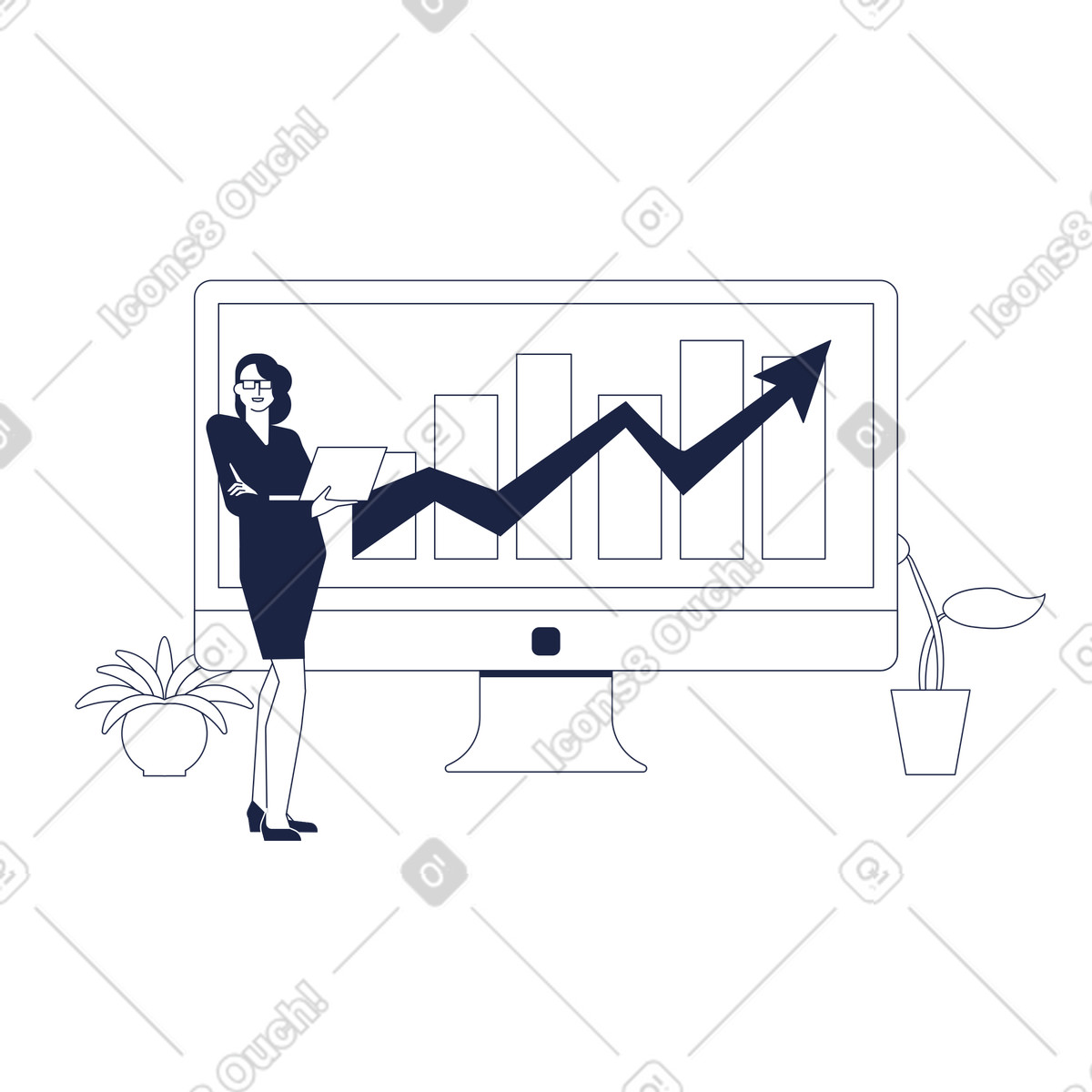 Woman with laptop on background of monitor analytics screen illustration in Urban Line style download in PNG, SVG