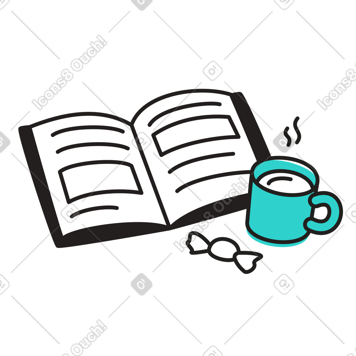 Open book with a hot drink and candy illustration in Little style download in PNG, SVG