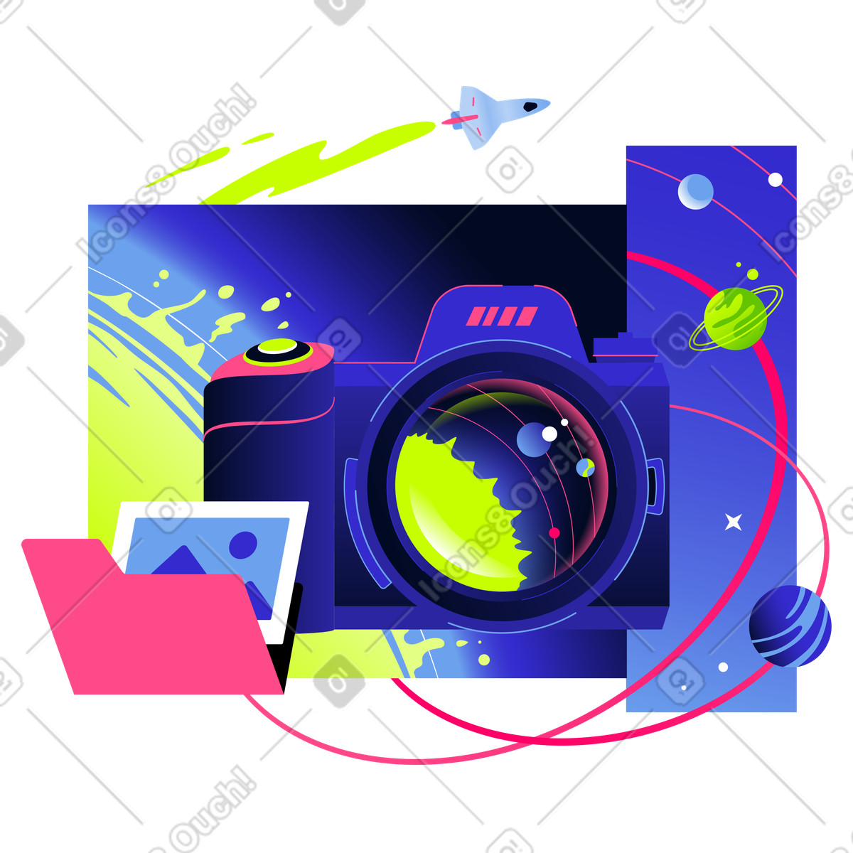 Ilustração de Câmera com pasta imagens e sistema solar em no estilo Space para baixar em PNG, SVG