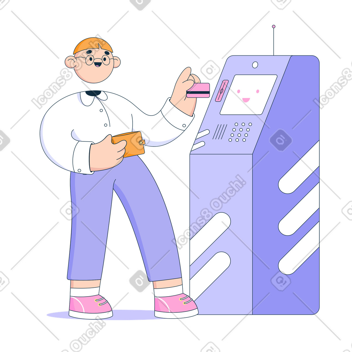 Man puts card in ATM machine illustration Bubble gum style download PNG, SVG