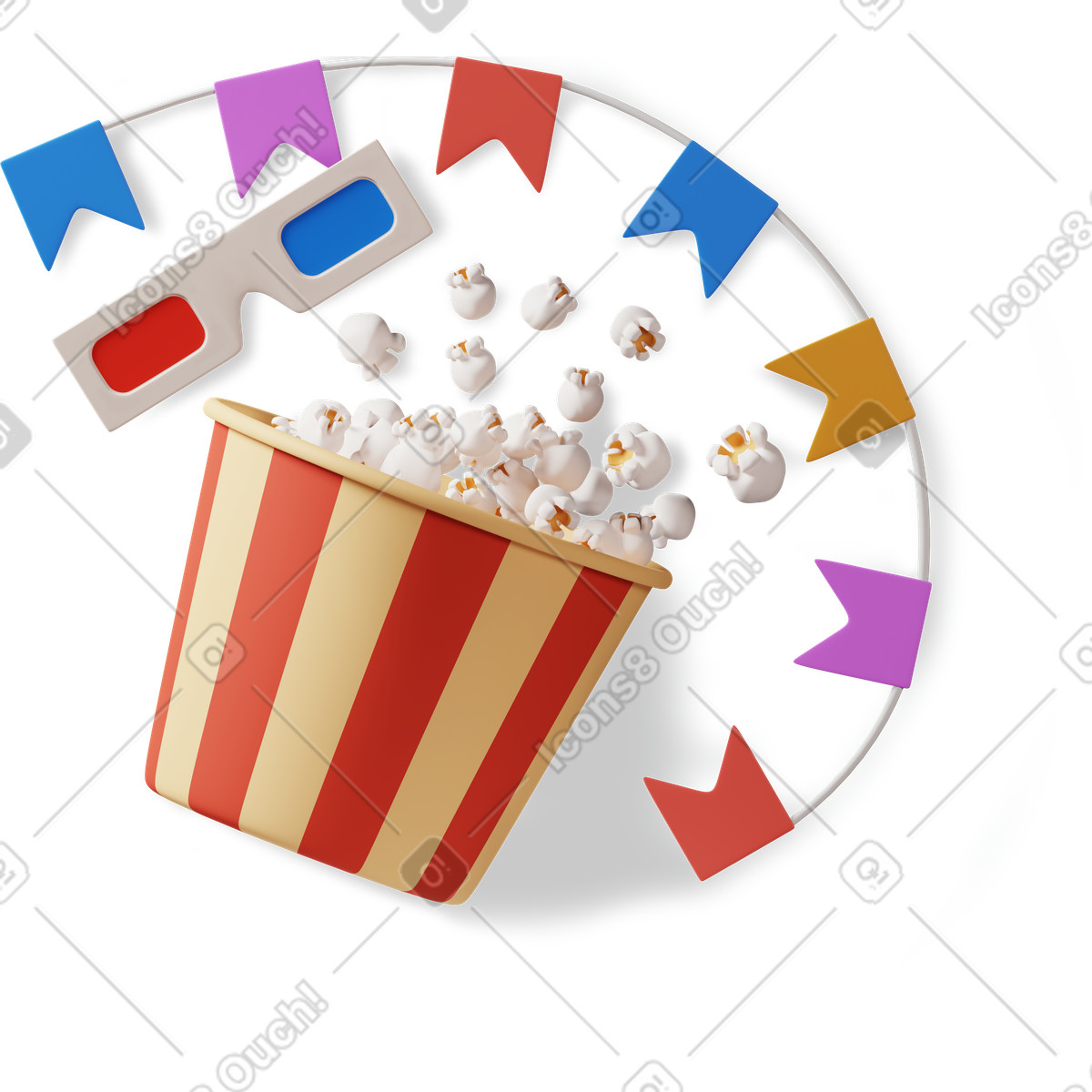 Popcorn, occhiali 3d e bandiere decorative illustrazione in stile Plastic people scarica in PNG, SVG