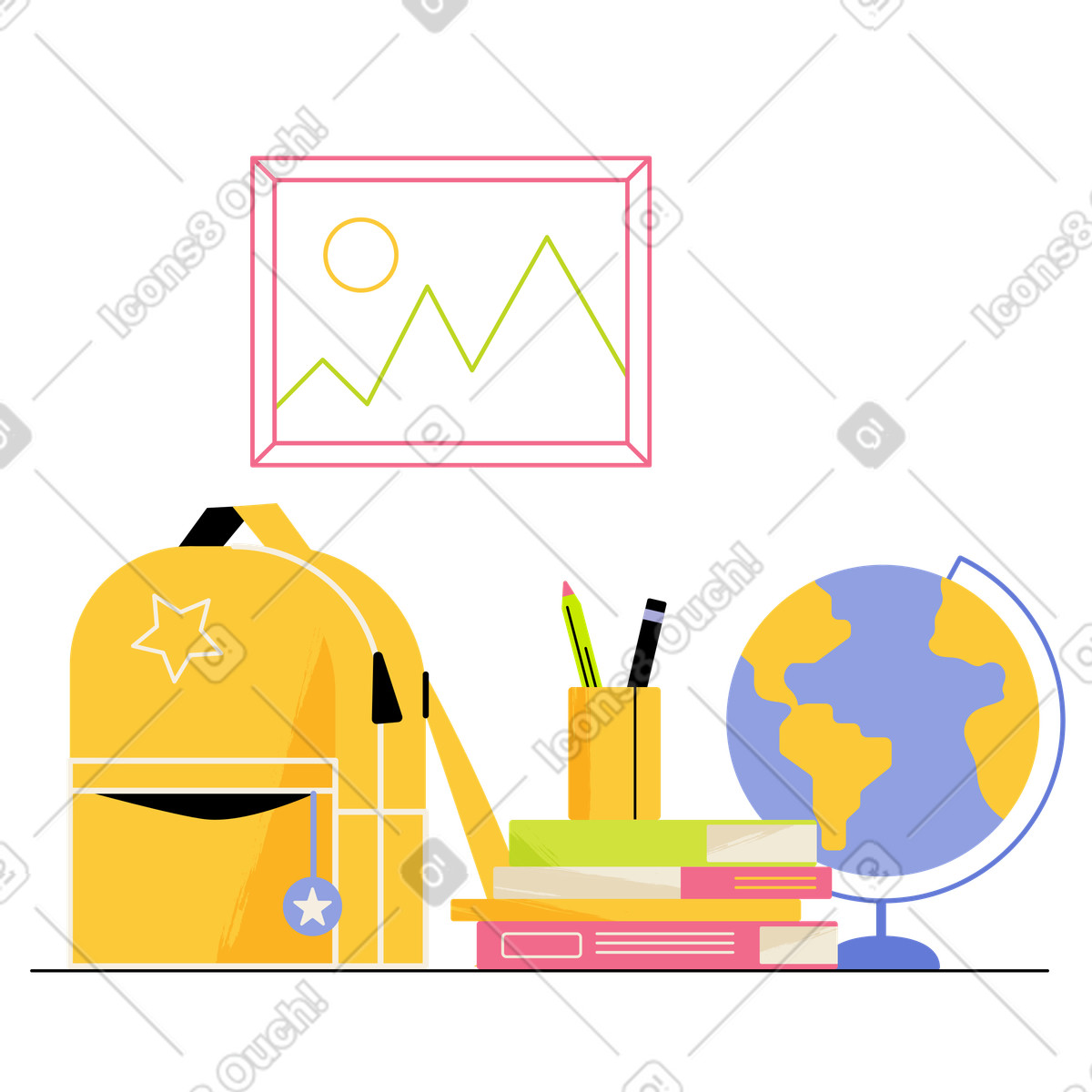 Illustration Salle de classe avec fournitures scolaires : papeterie, globe, sac à dos dans le style Juicy télécharger aux formats PNG, SVG