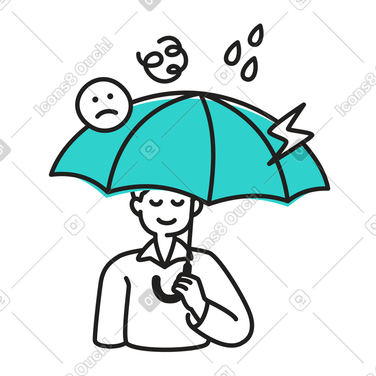 Illustration Homme calme protégé de la négativité avec un parapluie dans le style Little à télécharger aux formats PNG, SVG