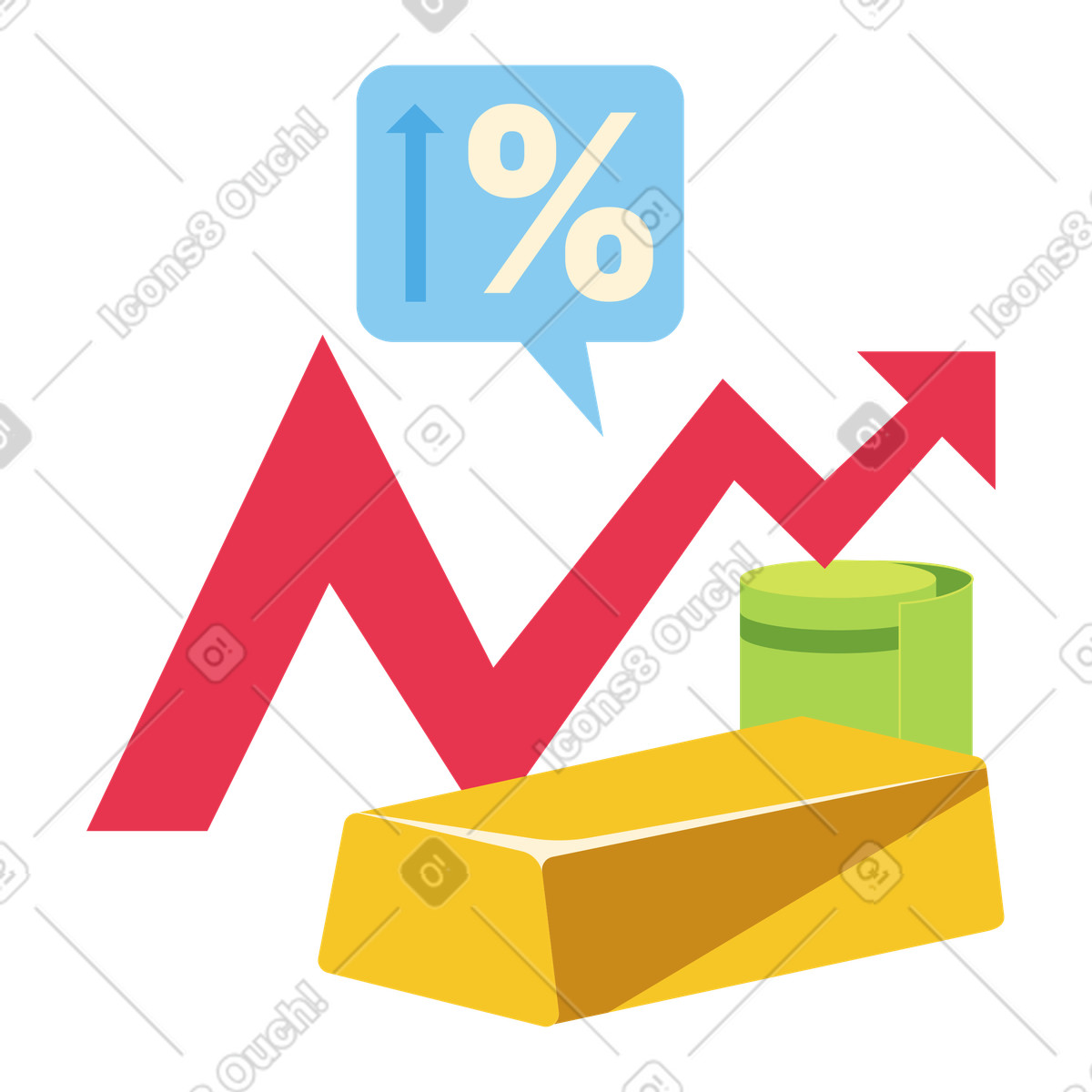 Upward chart and gold bar with banknotes, Financial performance and wealth increase illustration in PNG, SVG