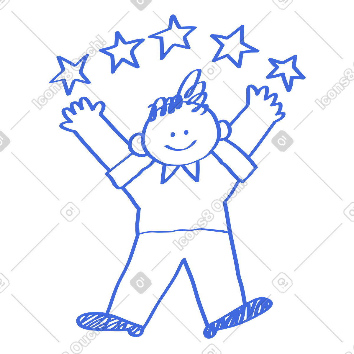 Иллюстрация Child character jumping happily under five stars reward symbol в стиле Ballpoint Pen — скачать в форматах PNG, SVG