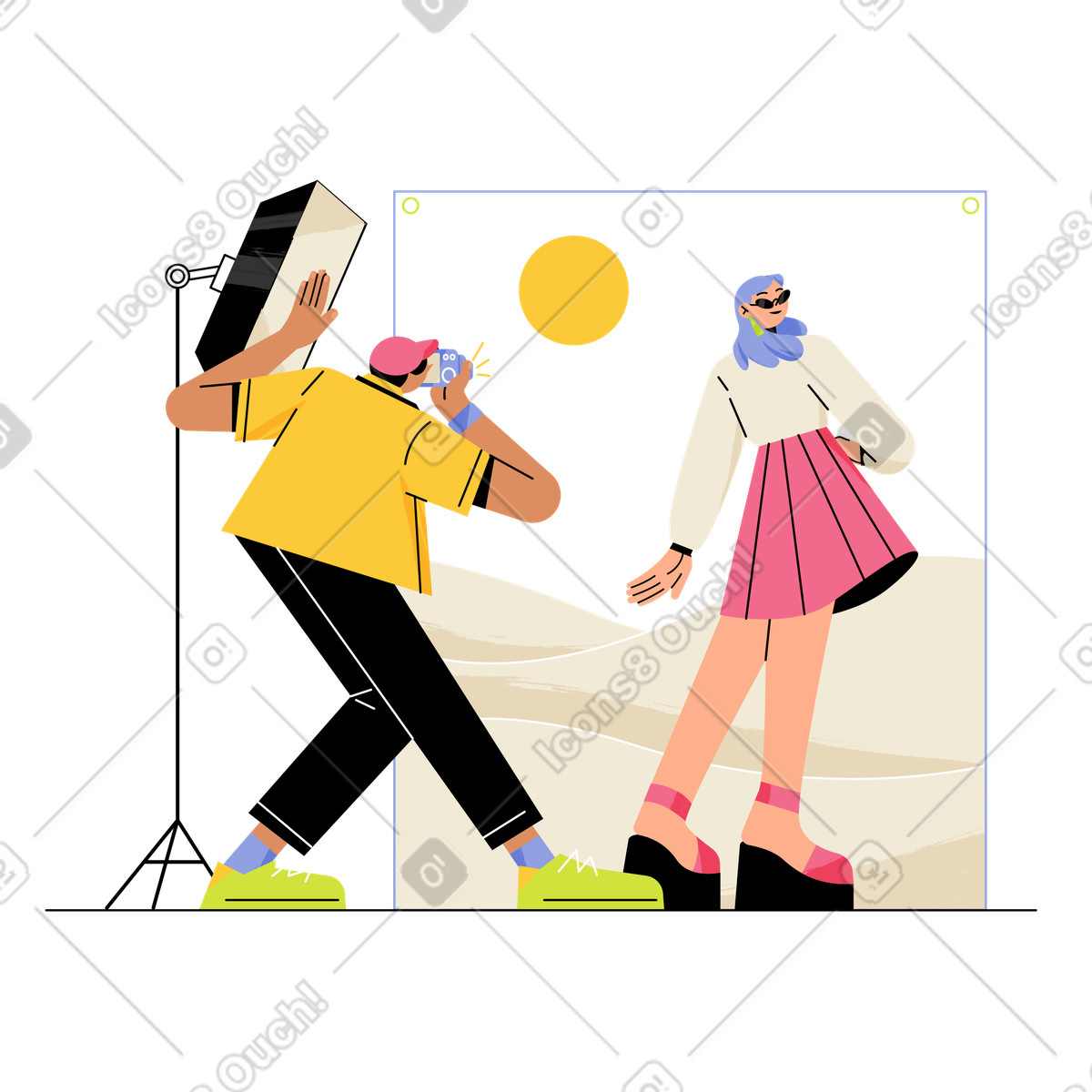 下载 Juicy 风格的 Stylized fashion shoot with camera and backdrop, Content creation creative photography 插画，支持 PNG、SVG 格式