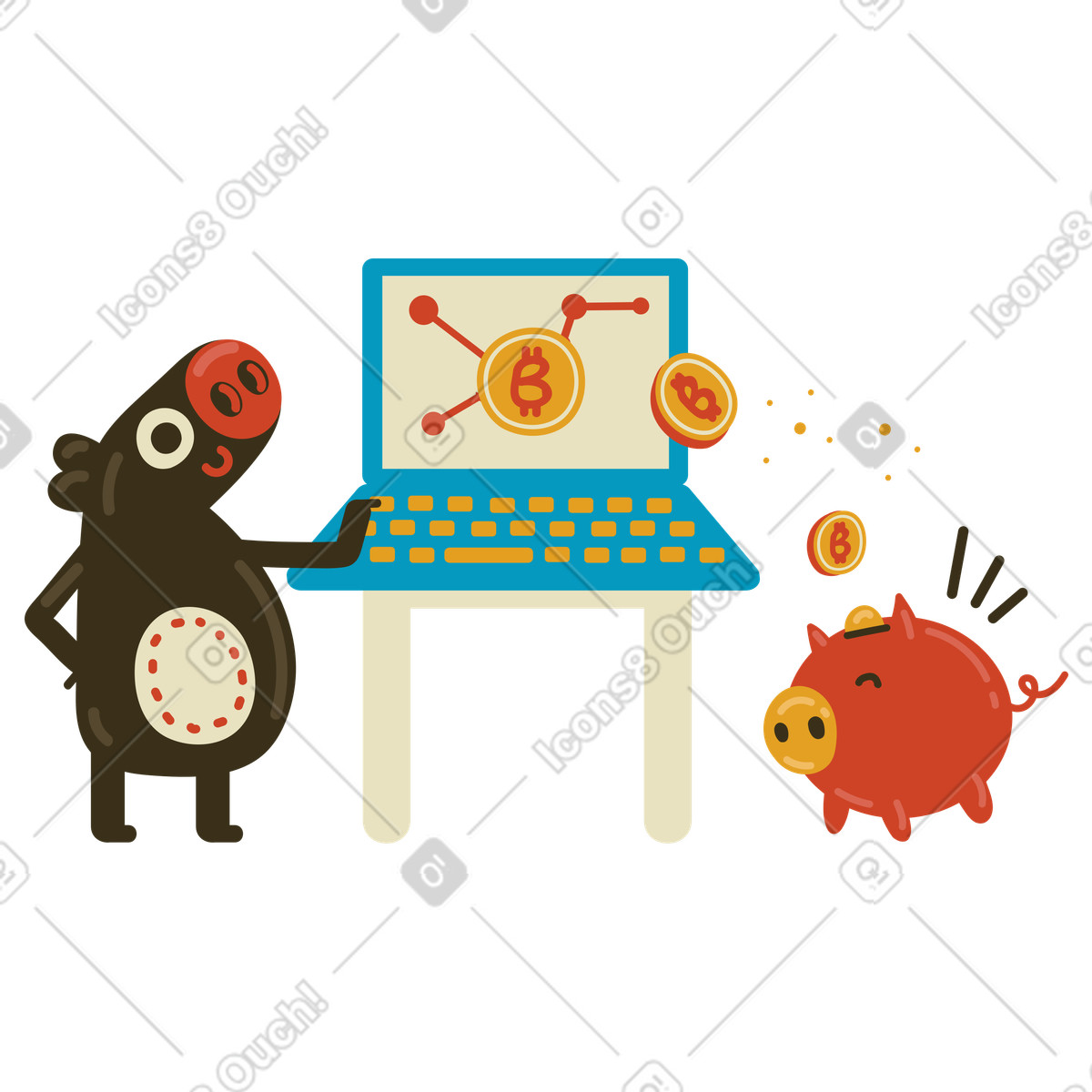 Ilustración Personaje de cerdo que guarda ahorros en bitcoin estilo Arabica a descargar PNG y SVG