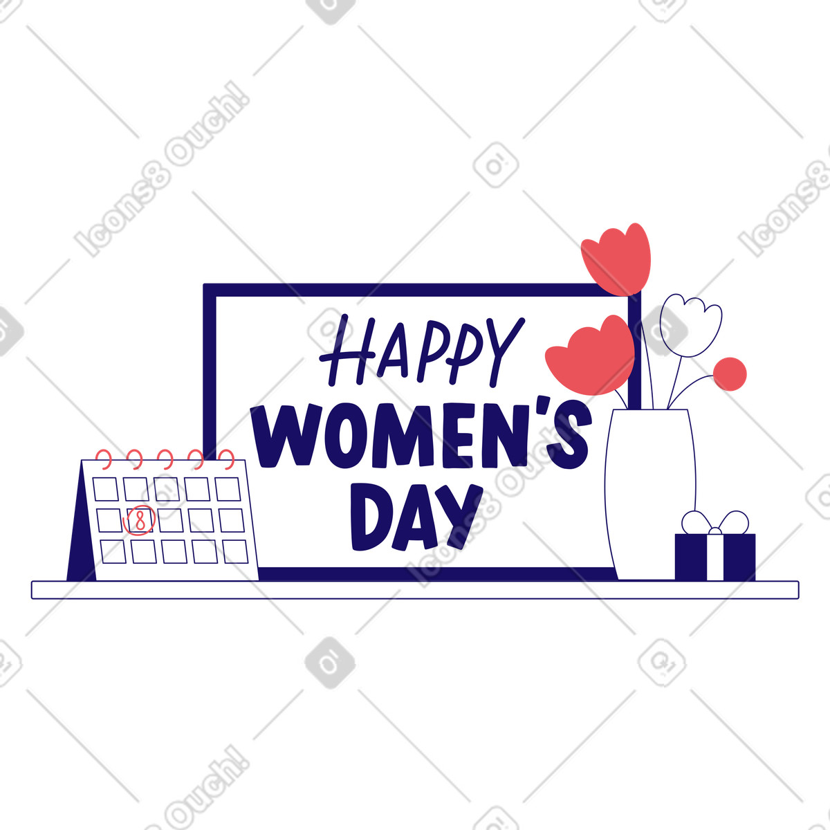 Ilustración Letras de texto feliz día la mujer con flores y calendario en estilo Bendy a descargar en PNG SVG
