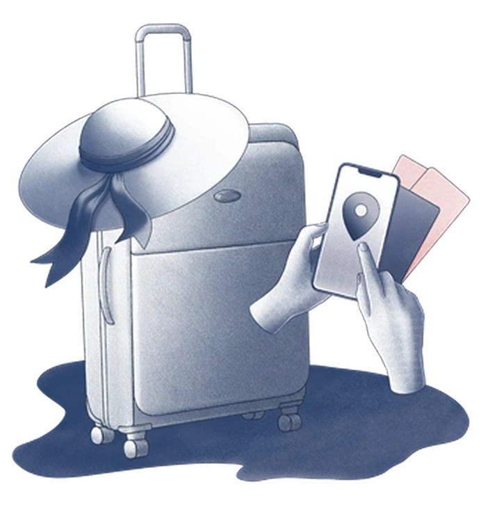 A suitcase, hat, and smartphone with tickets - Haze style illustration