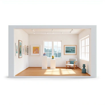 A small art gallery is situated inside a garage that has been beautifully converted. The walls are painted in a soft white, providing a bright backdrop for various paintings. Several framed artworks of different sizes are displayed, showcasing an array of vibrant colors and styles. There are sleek, modern display stands holding sculptures in the center of the space. Natural light streams in through large windows, illuminating the polished wooden floor. A cozy seating area with a plush chair and a small table is arranged in one corner, inviting visitors to relax and appreciate the art.