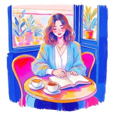 A woman with shoulder-length brown hair is sitting at a small round table in a cafe. She is wearing a light blue cardigan over a white blouse. In front of her, there is a cup of coffee on the table next to an open book. The book has a colorful cover and she appears to be engrossed in reading it. The cafe has a warm atmosphere, with potted plants and soft lighting in the background.