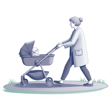 A parent is pushing a stroller with one hand. The stroller is equipped with a canopy and has a child seated inside, secured with a harness. The parent, wearing casual clothing, is holding the hand of an elderly relative with the other hand. The elderly relative is dressed in a light coat and has gray hair, looking slightly bent with age. Both individuals are walking on a smooth pathway, surrounded by green grass. The scene conveys a sense of care and connection between the two generations.