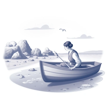 A small wooden boat gently floating on calm waters. Inside the boat, a woman dressed in period-appropriate clothing is seated, gazing intently at the shoreline. She has dark hair pulled back and is holding a small trowel in one hand. The shoreline features rocky outcrops and scattered boulders, with a few visible fossils embedded in the rocks. The sky above is clear with a few clouds drifting, and seagulls can be seen flying overhead. The composition captures the sense of exploration and discovery as she searches for fossils along the coast.