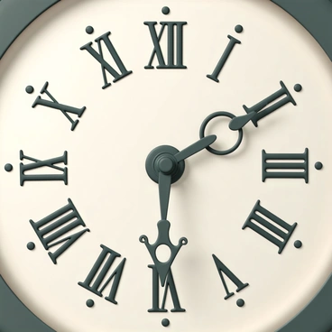 A close-up view of an old clock face, featuring intricate "Roman numerals" that are elegantly designed and evenly spaced around the dial. The clock hands are ornate, with a vintage style, pointing to different hours. The surface of the clock face shows signs of wear and aging, with detailed textures such as scratches and patina. The background is softly blurred to emphasize the clock face as the focal point of the image.