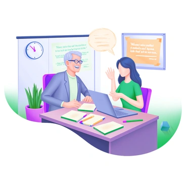 A modern pastel illustration depicting a mentor and a mentee engaged in a conversation about career goals. The mentor is a middle-aged individual with glasses and a warm smile, sitting on one side of a wooden desk. The mentee is a young adult, attentively listening and taking notes. The desk is cluttered with open notebooks, colorful pens, and a laptop. A plant in a small pot sits on the corner of the desk, adding a touch of greenery. A wall clock and a bulletin board filled with inspiring quotes are visible in the background.