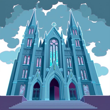 A gothic cathedral with towering spires reaching towards the cloudy sky. The intricate stonework of the facade displays detailed carvings and gargoyles peering out from various angles. Dark, heavy clouds swirl above, casting shadows on the cathedral's walls. Stained glass windows depict religious scenes, glimmering with hints of color even under the overcast light. A wide stone staircase leads up to the grand entrance, flanked by elaborate wrought-iron gates. The atmosphere is dramatic, with the spires contrasting starkly against the tumultuous sky.