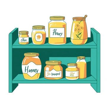A teal wooden shelf is filled with honey jars of various sizes, each jar featuring a unique label design. The jars range from small, round containers to larger, elongated bottles, showcasing different shapes and styles. Some labels are adorned with illustrations of flowers, while others display intricate patterns or simple text. The shelf is well-organized, allowing each jar to be clearly visible. Soft light reflects off the glass surfaces, highlighting the golden hues of the honey inside.
