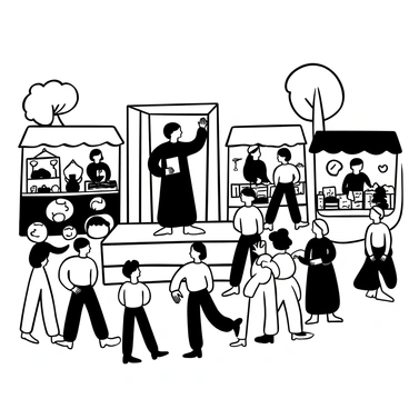 A preacher addressing a diverse crowd in a bustling market square, surrounded by colorful stalls