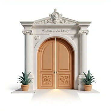 A grand library entrance featuring large arched wooden doors, intricately carved with decorative motifs. The doors are slightly open, suggesting a warm invitation to enter. A richly detailed sign above the doors reads "Welcome to Our Library" in elegant lettering. Flanking the entrance are tall stone columns that support an elaborate architrave, adorned with floral designs. Soft, warm lighting bathes the doorway, illuminating a path lined with potted plants, enhancing the welcoming atmosphere.
