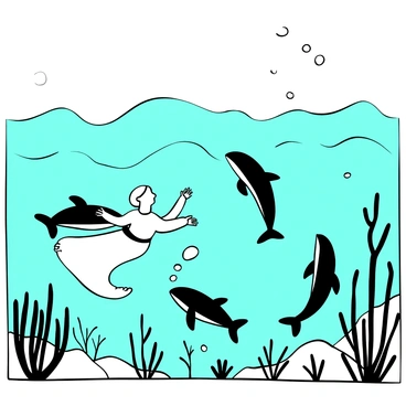 An elf with long, flowing hair swimming gracefully with a group of dolphins beneath the waves of a turquoise sea. The elf is adorned in a flowing garment that moves fluidly with the water. The dolphins are leaping and swirling around, creating ripples in the water. Coral reefs and seaweed are visible in the background, enhancing the underwater scene. Bubbles rise to the surface, capturing the movement and energy of the moment.