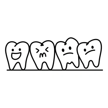A family of cartoon teeth, each tooth having a unique expression. The first tooth on the left is smiling widely with bright eyes. The second tooth has a surprised expression, eyes wide open and mouth slightly agape. The third tooth is frowning with downturned corners, appearing grumpy. The fourth tooth shows a playful smirk, winking confidently. The teeth are arranged closely together, creating a sense of unity and togetherness.