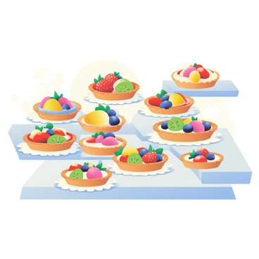 A buffet table with a variety of colorful fruit tarts displayed