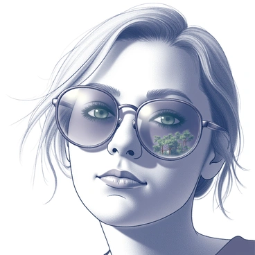 A close-up of a person's face with oversized, round sunglasses. The sunglasses reflect a bright, sunny day, showcasing trees and a clear sky in the lenses. The person's eyes are partially visible behind the lenses, and their hair has a light, windblown appearance. In the background, there are hints of light and shadow that suggest a vibrant outdoor setting.