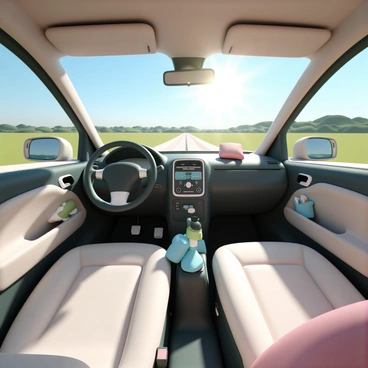 The interior of a compact hatchback, featuring a sleek dashboard with various controls and a modern infotainment system. The back seat is upholstered in soft fabric, and there's ample legroom visible. Large windows provide a panoramic view, showcasing a scenic landscape outside, including green fields and distant hills under a clear blue sky. Sunlight floods into the car, creating a warm and inviting atmosphere within the vehicle. A few personal touches, such as a small travel pillow and a water bottle in the cup holder, add to the coziness of the space.