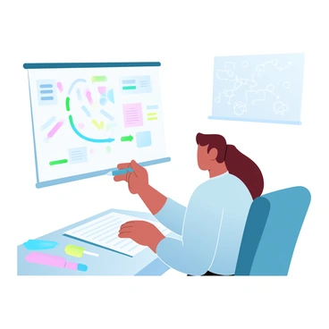 A product owner is seated at a desk, working intently on a large flowchart that outlines a customer journey. The flowchart is filled with colorful arrows and shapes, indicating different stages of the journey. On the desk, there are various stationery items, including a set of highlighters and sticky notes. The product owner is holding a pen, ready to make adjustments to the flowchart. In the background, there is a whiteboard filled with notes and diagrams related to product development. The overall atmosphere is organized and focused, emphasizing the importance of the mapping process.